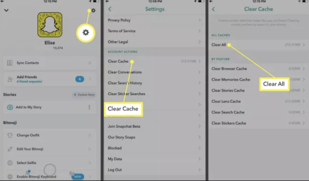 Clear cache at Snapchat