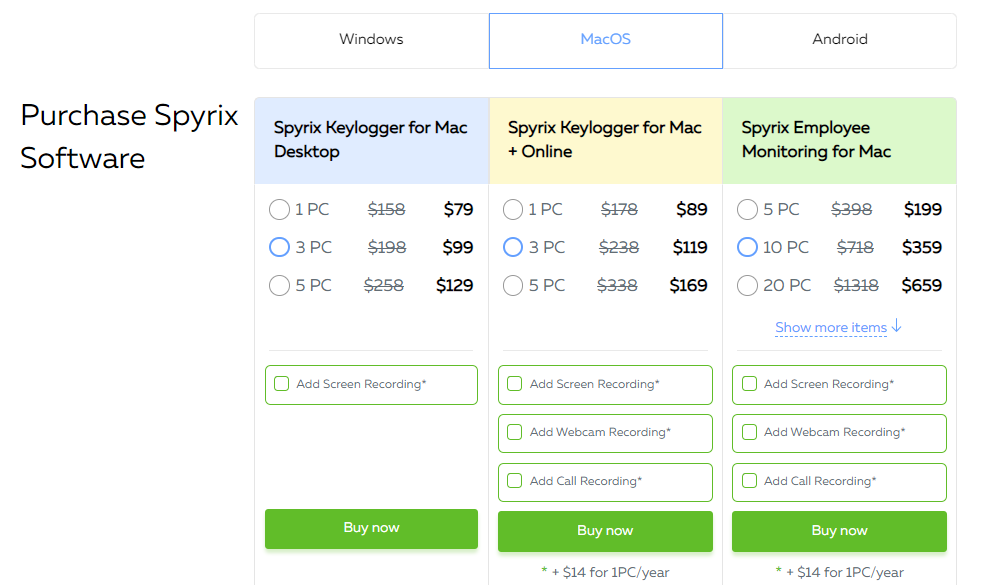 Spyrix pricing for MacOS screenshot