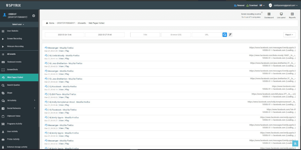 Spyrix URL monitoring feature screenshot