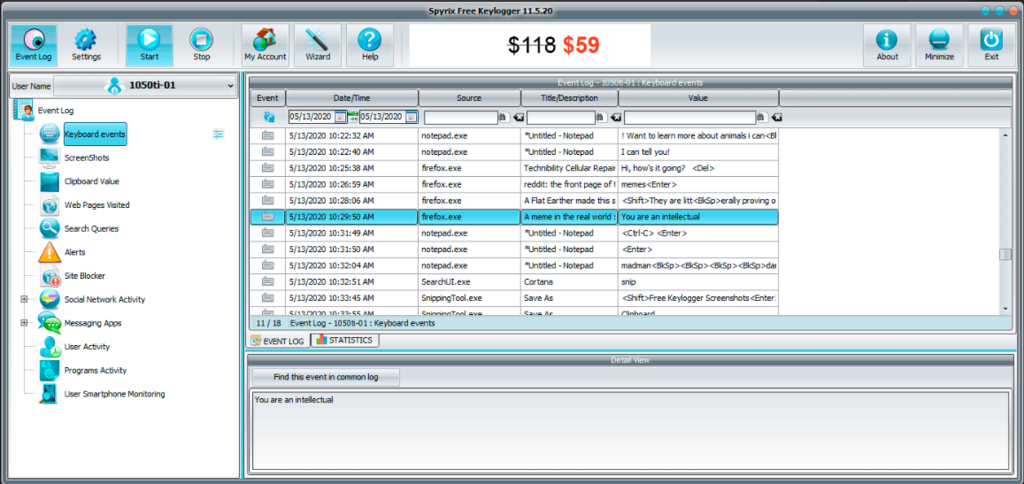 Spyrix keystrokes logging screenshot