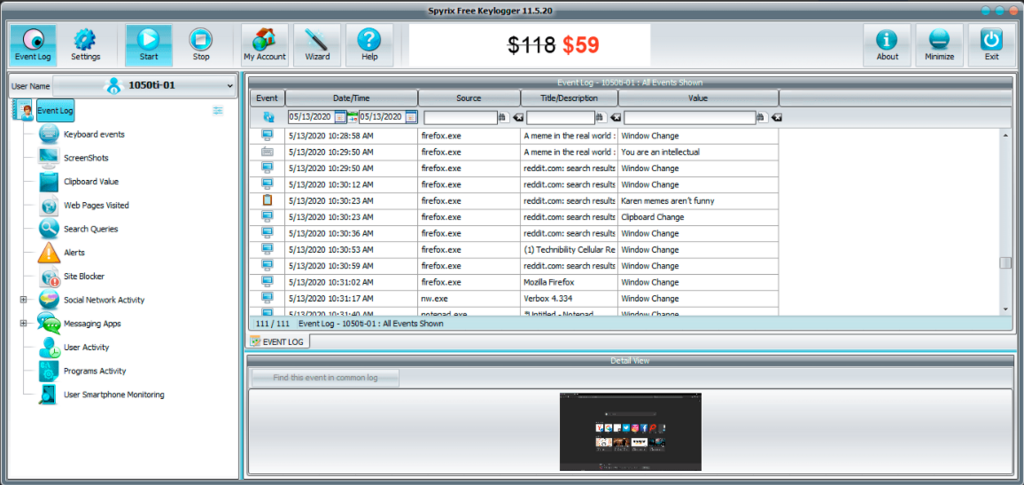 Spyrix events log feature screenshot