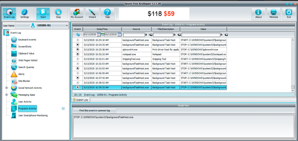 Spyrix program activity feature screenshot 