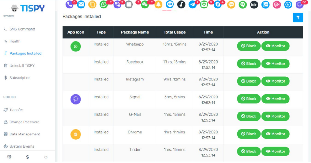 TiSpy monitor apps and programs feature screenshot