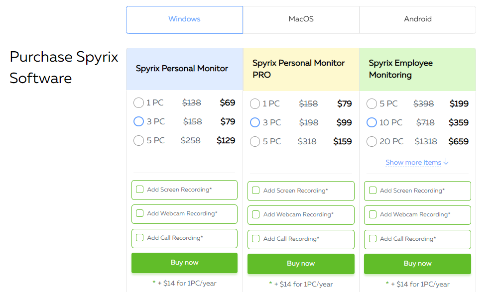 Spyrix pricing for Windows screenshot