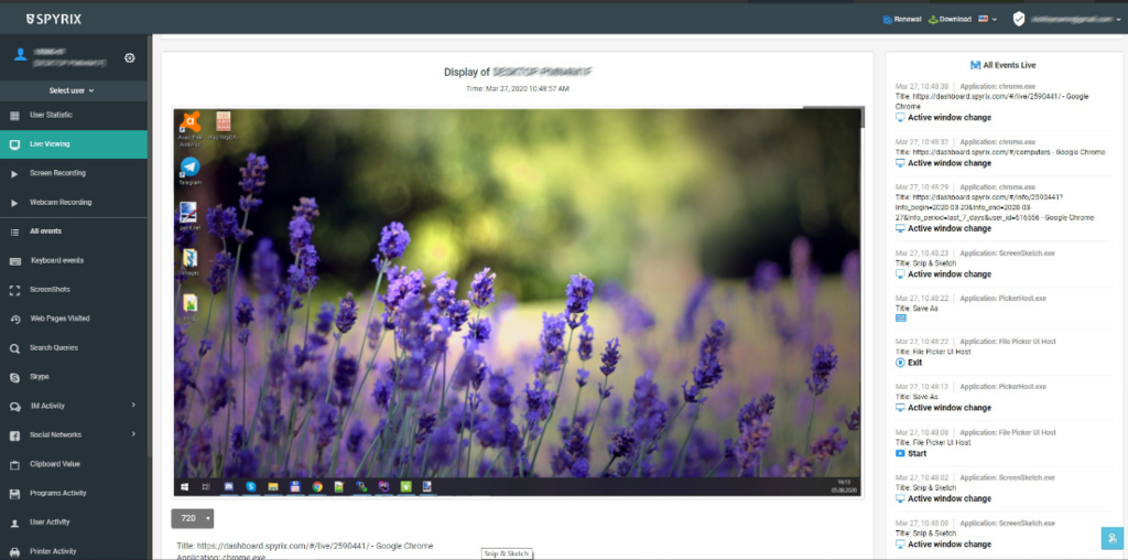 Spyrix live screen viewing feature screenshot